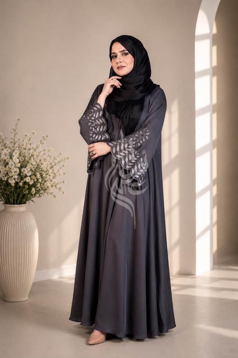 Charcoal Grey Embroidered Abaya